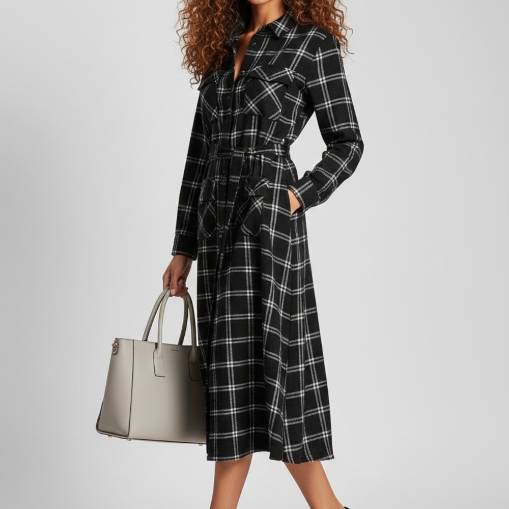 Current/Elliott Ana Maxi Black White Plaid Shirt Dress Women's SZ 0